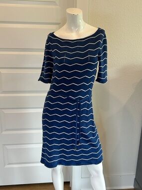Trina Turk Navy and White Chevron Knit Belted Midi Dress